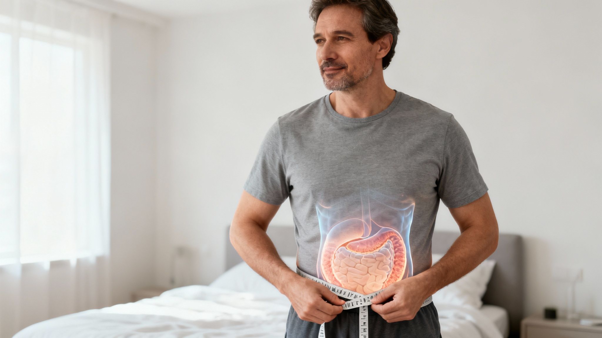 Ein Mann misst seine Taille mit einem Maßband, während seine Verdauungsorgane digital sichtbar gemacht werden.