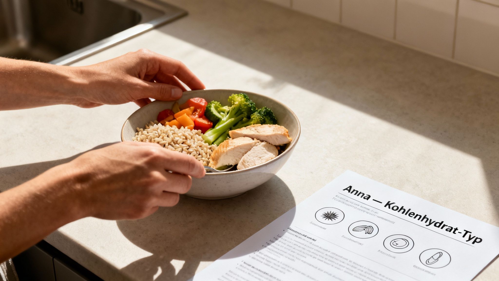 Hände halten eine gesunde Mahlzeitenschale mit Hähnchen und Getreide, daneben ein Ernährungsplan.