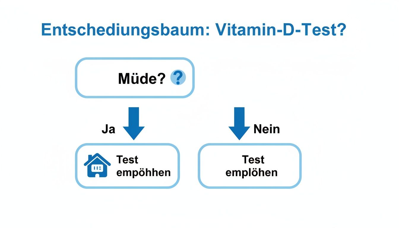 Entscheidungsbaum für einen Vitamin-D-Test. Wenn man müde ist, wird der Test empfohlen. Wenn man nicht müde ist, wird der Test ebenfalls empfohlen.