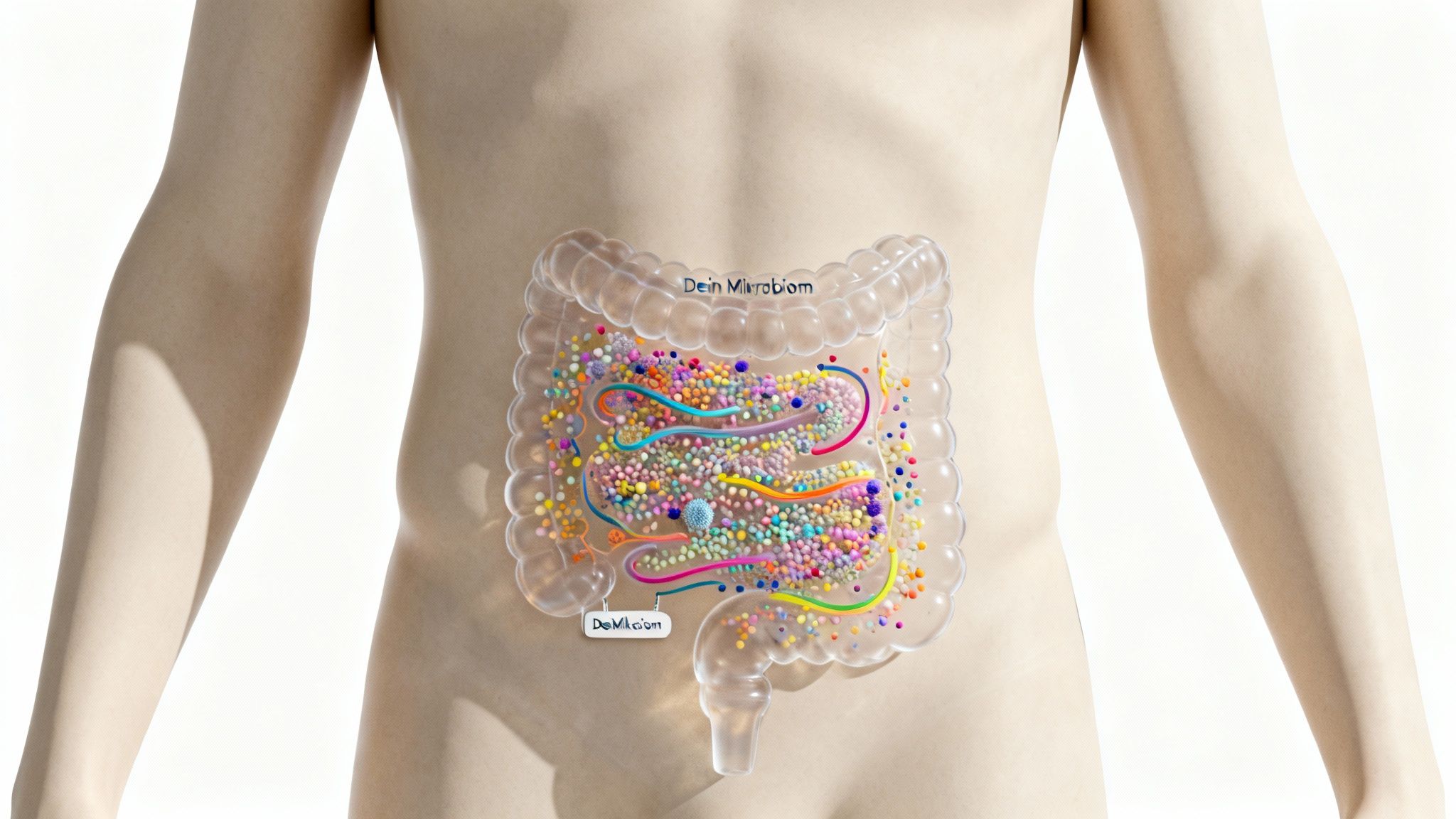 3D-Darstellung des menschlichen Darms mit bunten Mikroben und Darmbakterien, beschriftet als 'Dein Mikrobiom'.