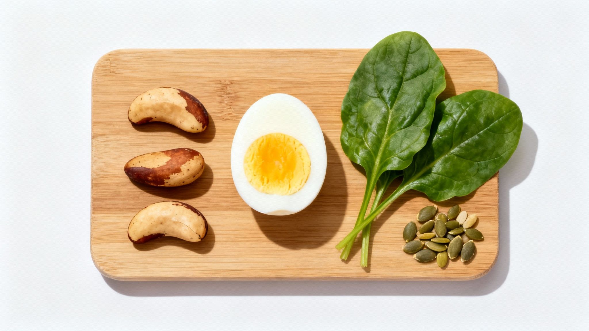 Gesunde Lebensmittel auf einem Holzbrett: Paranüsse, hartgekochtes Ei, Spinat und Kürbiskerne.