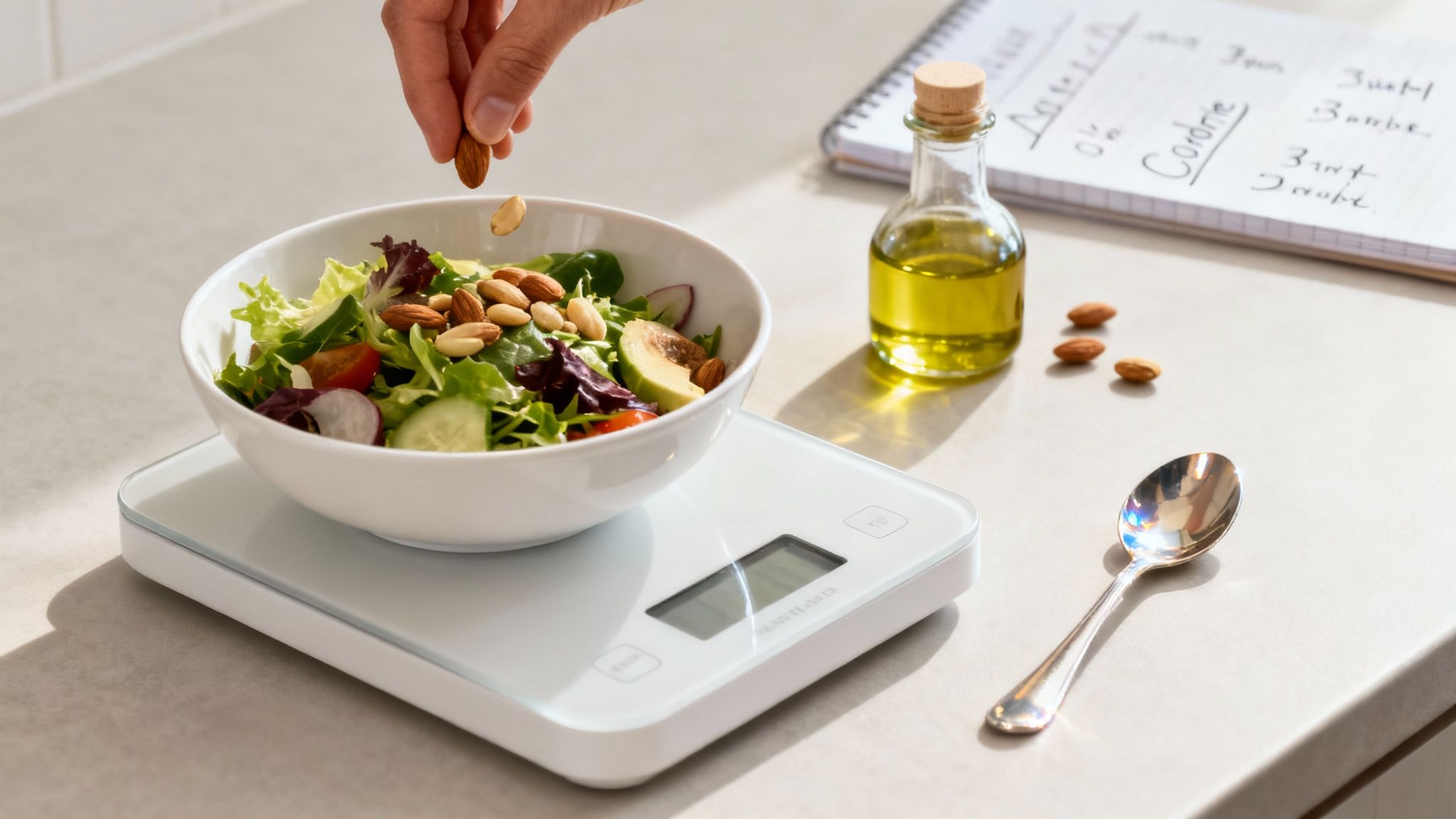 Hand gibt Mandeln zu gesundem Salat auf Küchenwaage zur Kalorienmessung und Portionskontrolle