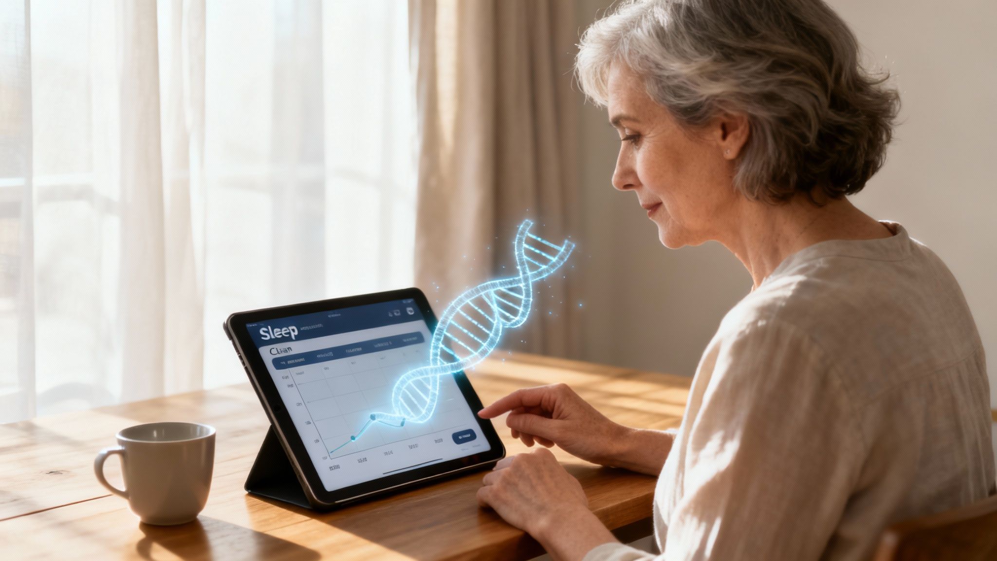Eine Frau blickt auf eine leuchtende DNA-Helix, um ihren Schlafrhythmus zu verstehen.