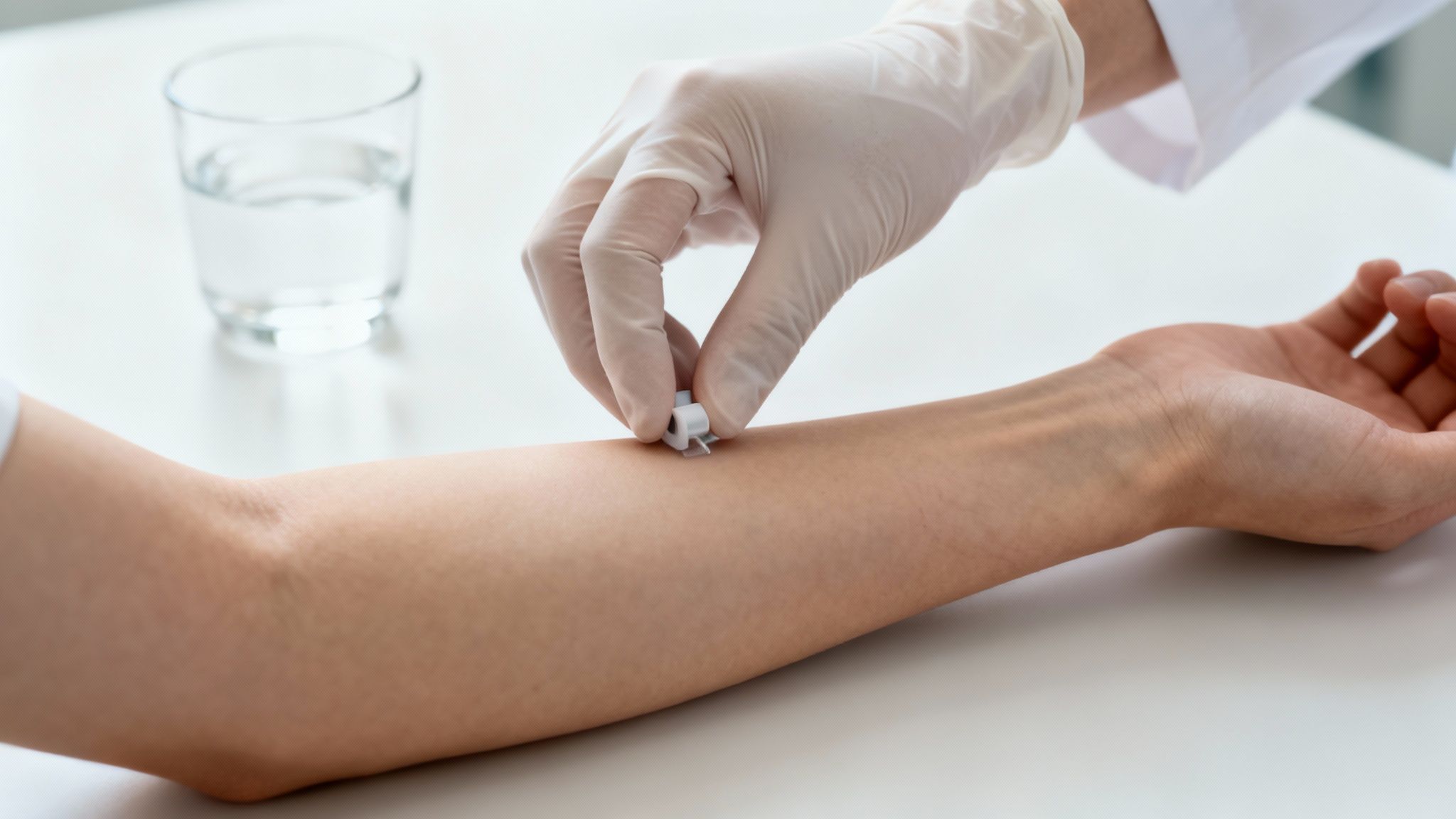 Behandschuhte Hand eines Arztes nimmt Blut von Patientenarm, mit Wasserglas im Hintergrund.