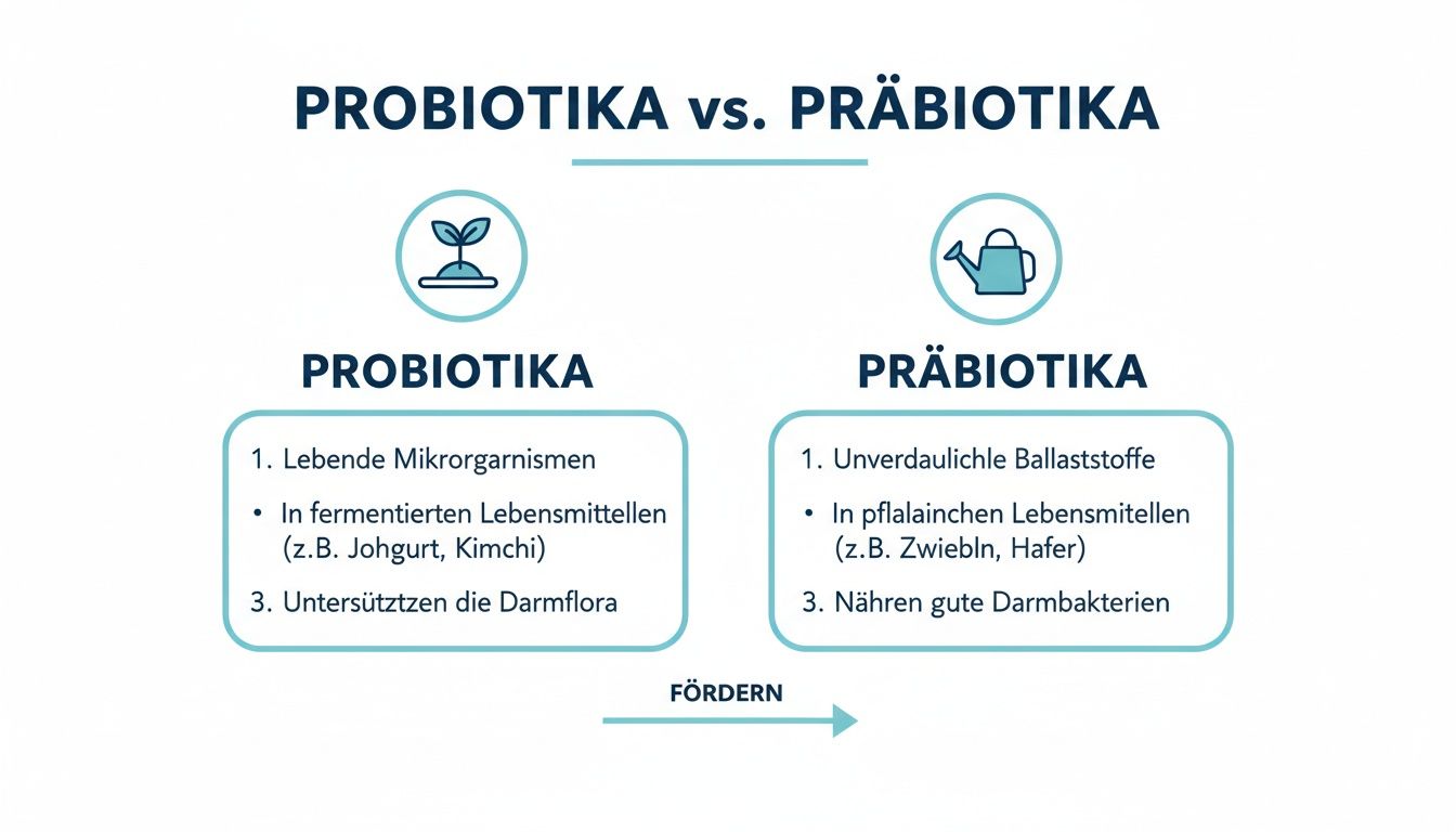 Eine Infografik, die den Unterschied zwischen Probiotika und Präbiotika mit Beispielen und Vorteilen erklärt.