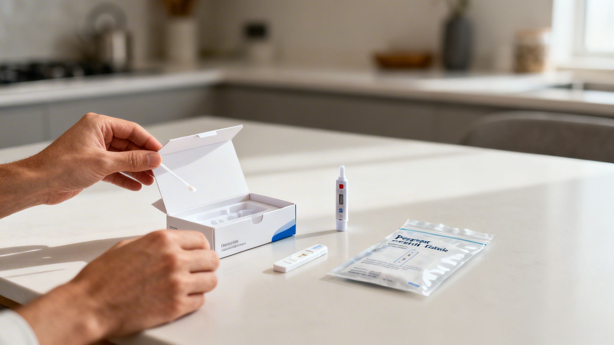 Person entnimmt einen Tupfer aus einem COVID-19-Testkit auf einem Küchentisch.