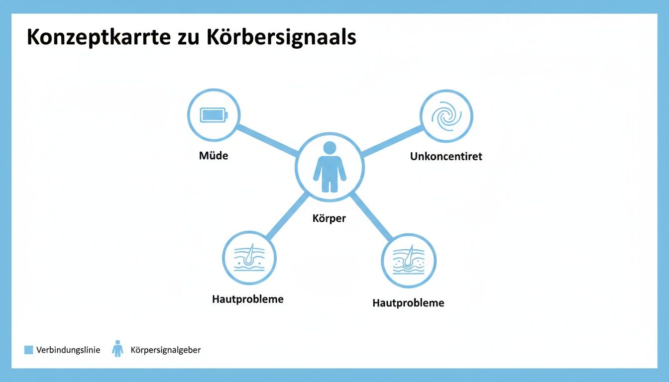 Konzeptkarte zu Körpersignalen, zeigt, wie Müdigkeit, Unkonzentriertheit und Hautprobleme mit dem Körper verbunden sind.