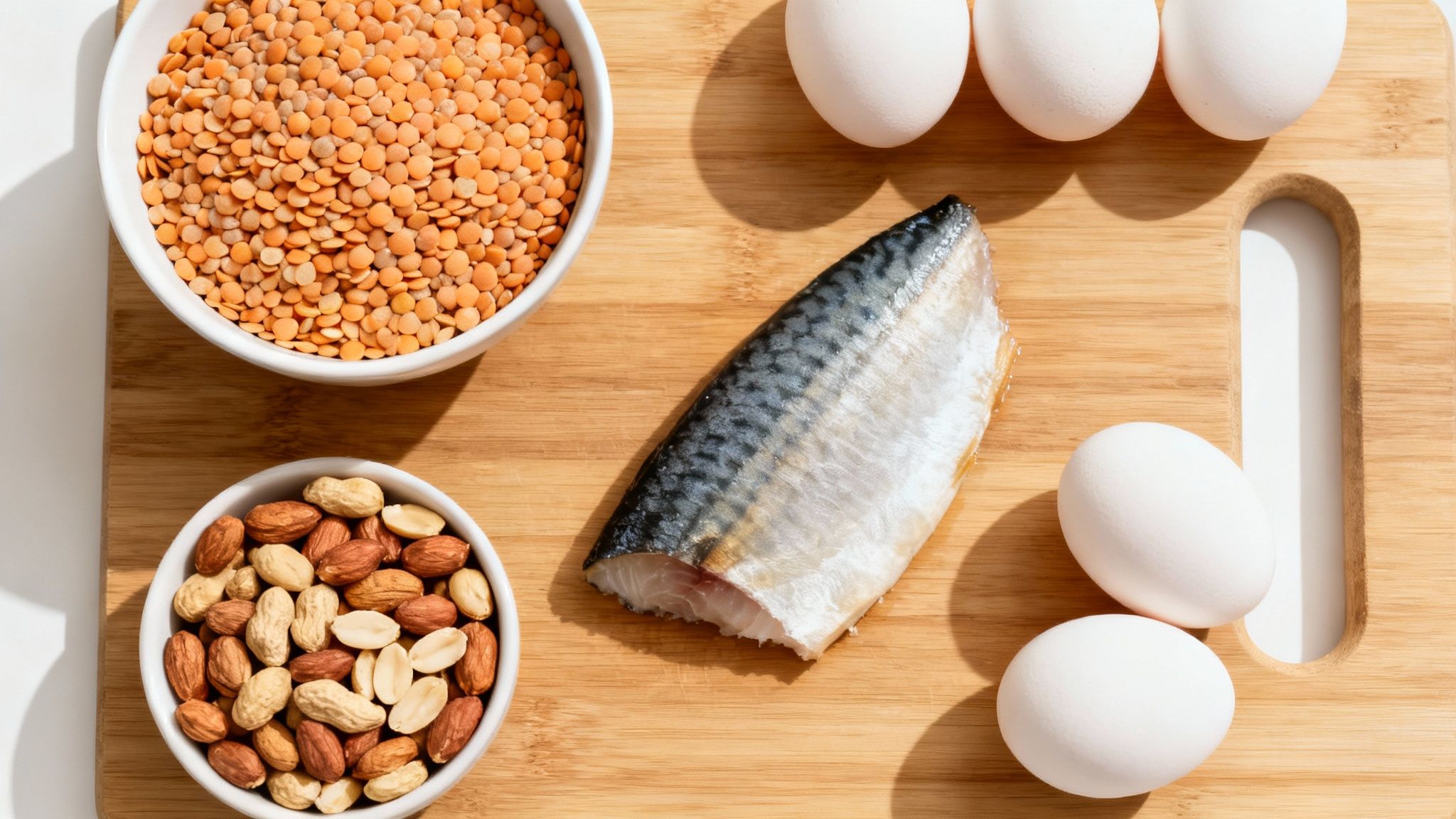 Eine Auswahl selenreicher Lebensmittel wie Paranüsse, Linsen, Fisch und Fleisch, ansprechend auf einem Holztisch arrangiert