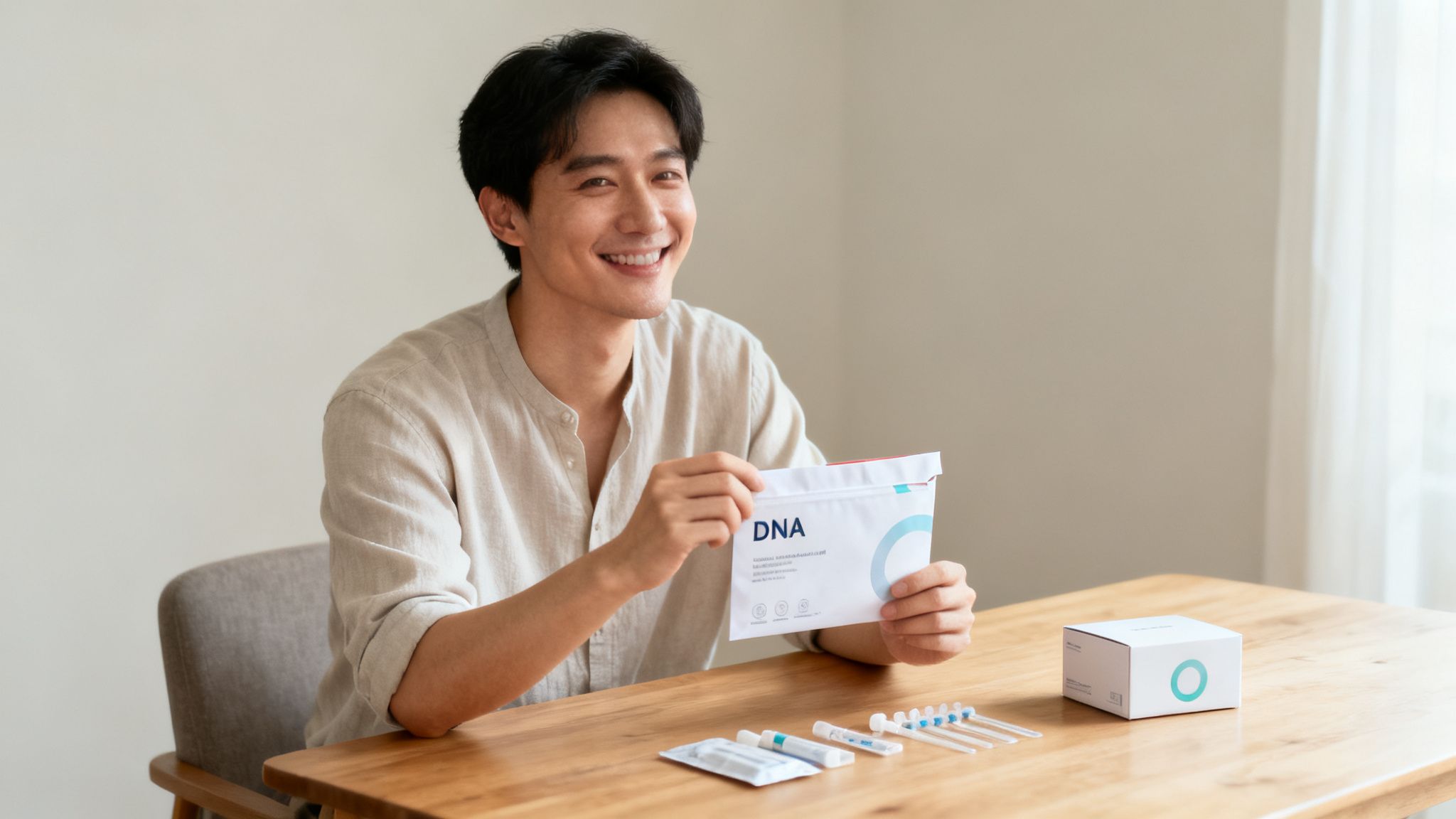 Ein lächelnder junger Mann hält ein DNA-Testkit in den Händen, bereit für die Anwendung zu Hause.