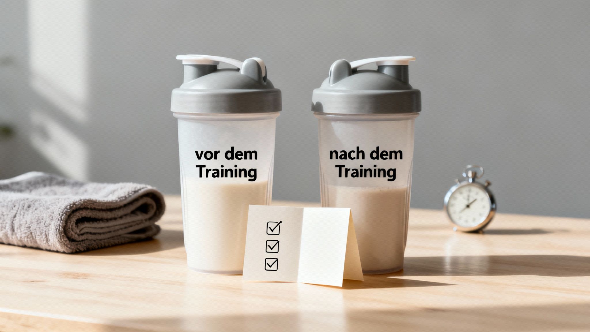 Eine Person bereitet einen Eiweißshake in der Küche zu, umgeben von frischen Früchten.