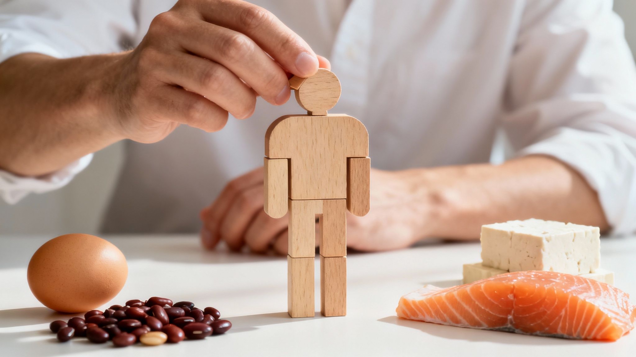 Eine Auswahl proteinreicher Lebensmittel wie Linsen, Huhn und Eier.