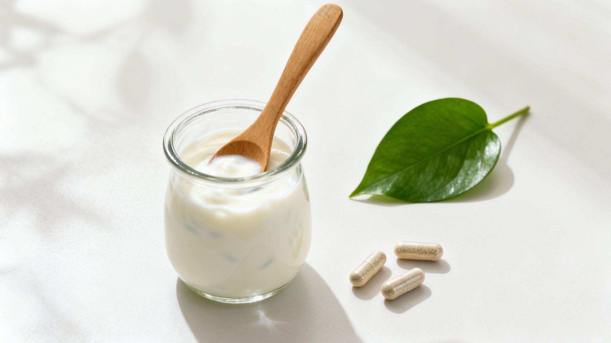 Joghurt mit Holzlöffel, ein grünes Blatt und drei Kapseln auf weißem Hintergrund.