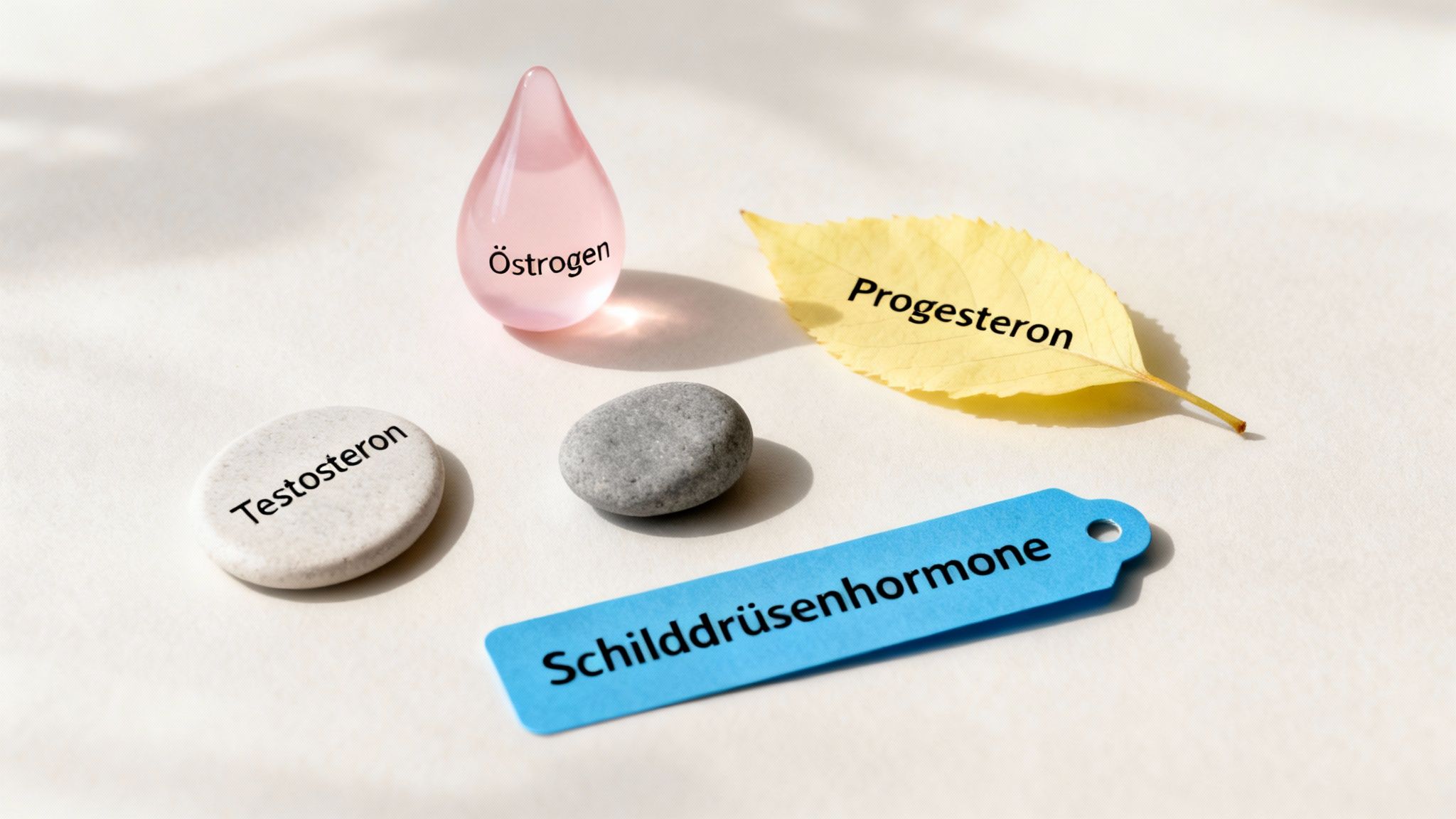 Verschiedene Hormone wie Östrogen, Testosteron, Progesteron und Schilddrüsenhormone, dargestellt durch Symbole auf weißem Hintergrund.