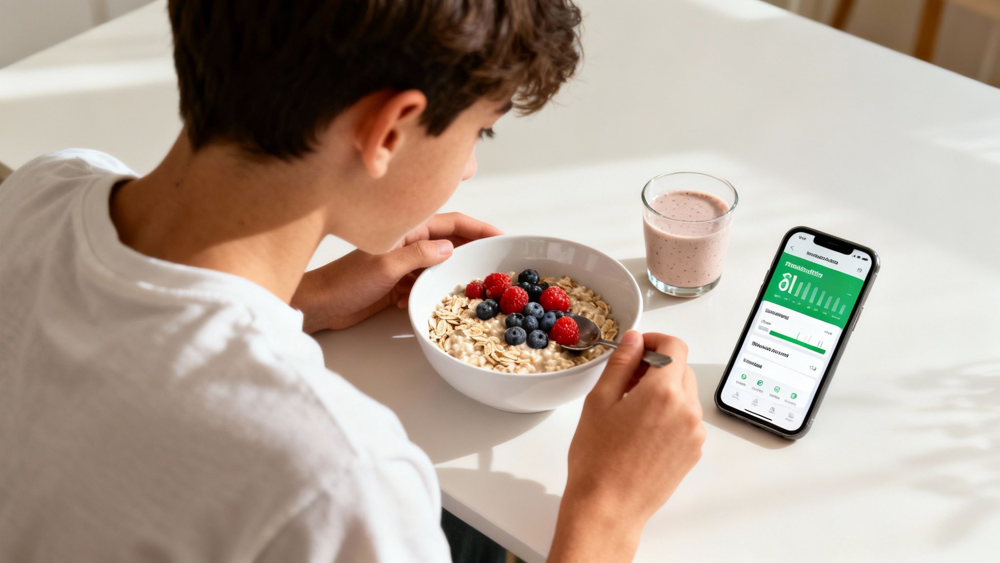 Jugendlicher isst Haferflocken mit Beeren zum Frühstück, daneben ein Smoothie und ein Smartphone mit einer Gesundheits-App.