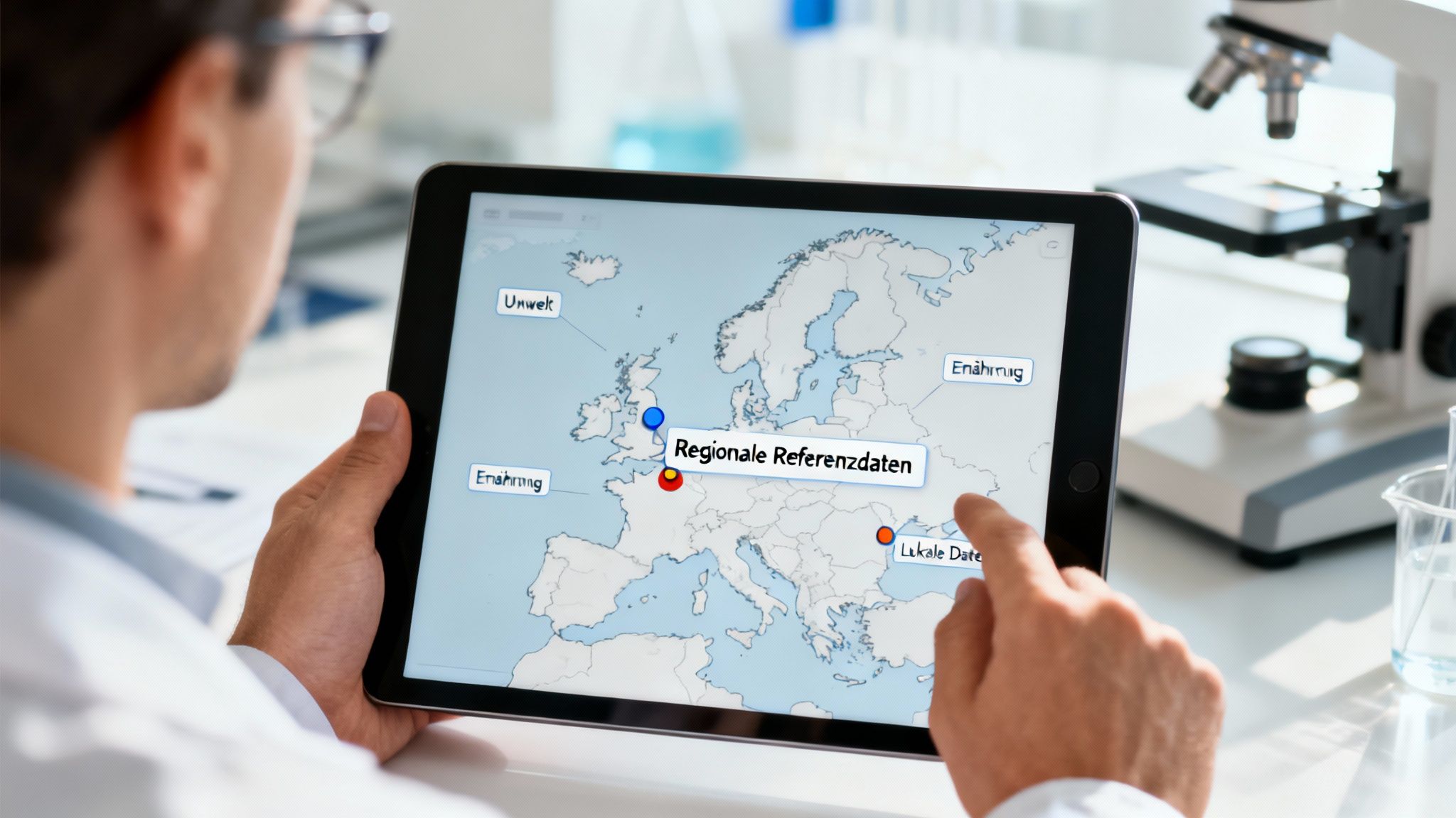 Person im Labor tippt auf ein Tablet mit einer Europakarte, die regionale Referenzdaten und thematische Punkte zeigt.