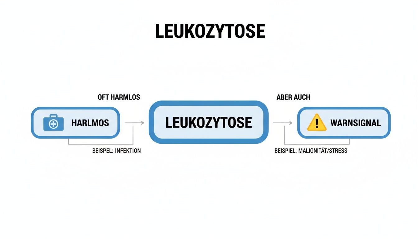Flussdiagramm zur Leukozytose: erklärt harmlose Ursachen wie Infektionen und Warnsignale wie Malignität/Stress.