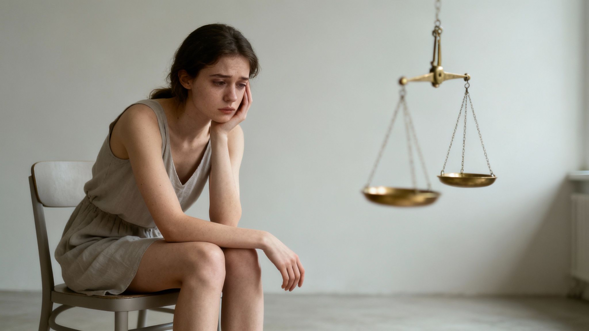 Eine traurige junge Frau sitzt auf einem Stuhl, während im Hintergrund eine Waage der Gerechtigkeit hängt.