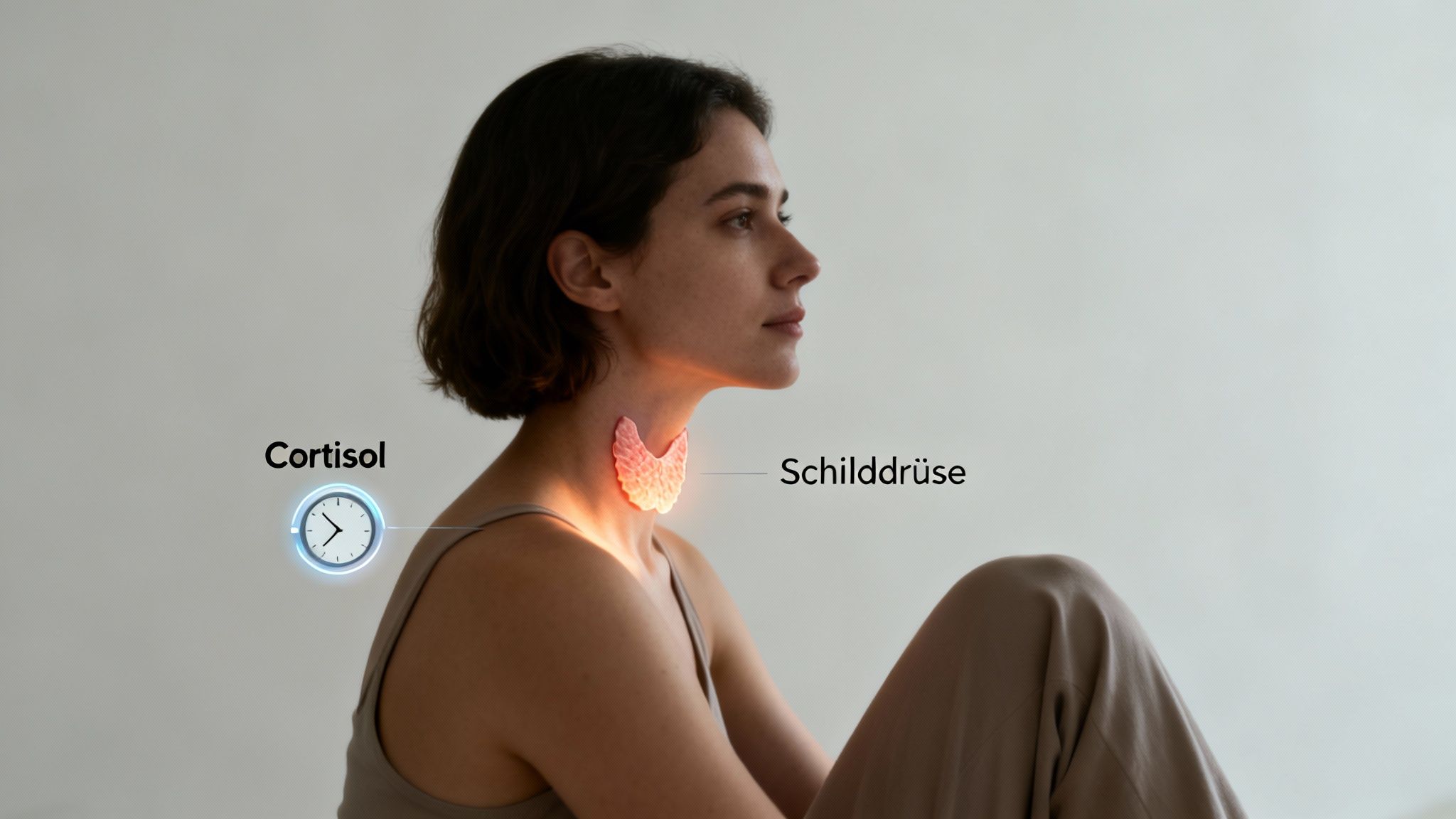 Junge Frau mit digital dargestellter, beleuchteter Schilddrüse am Hals und Text 'Cortisol' mit Uhrsymbol.