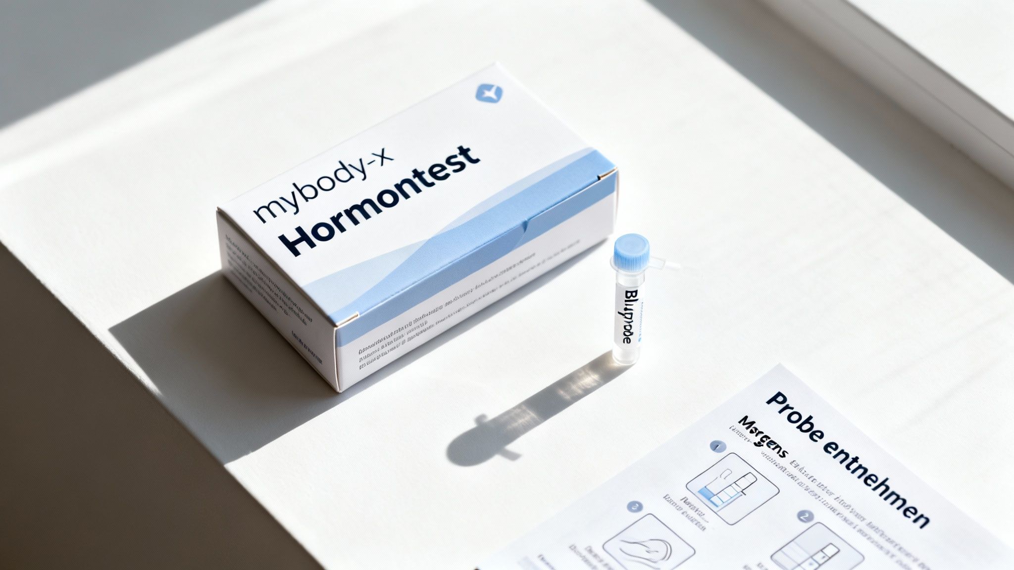 Ein mybody-x Hormontest-Kit mit Blutprobenröhrchen und Anweisungen für die Probenentnahme zu Hause.