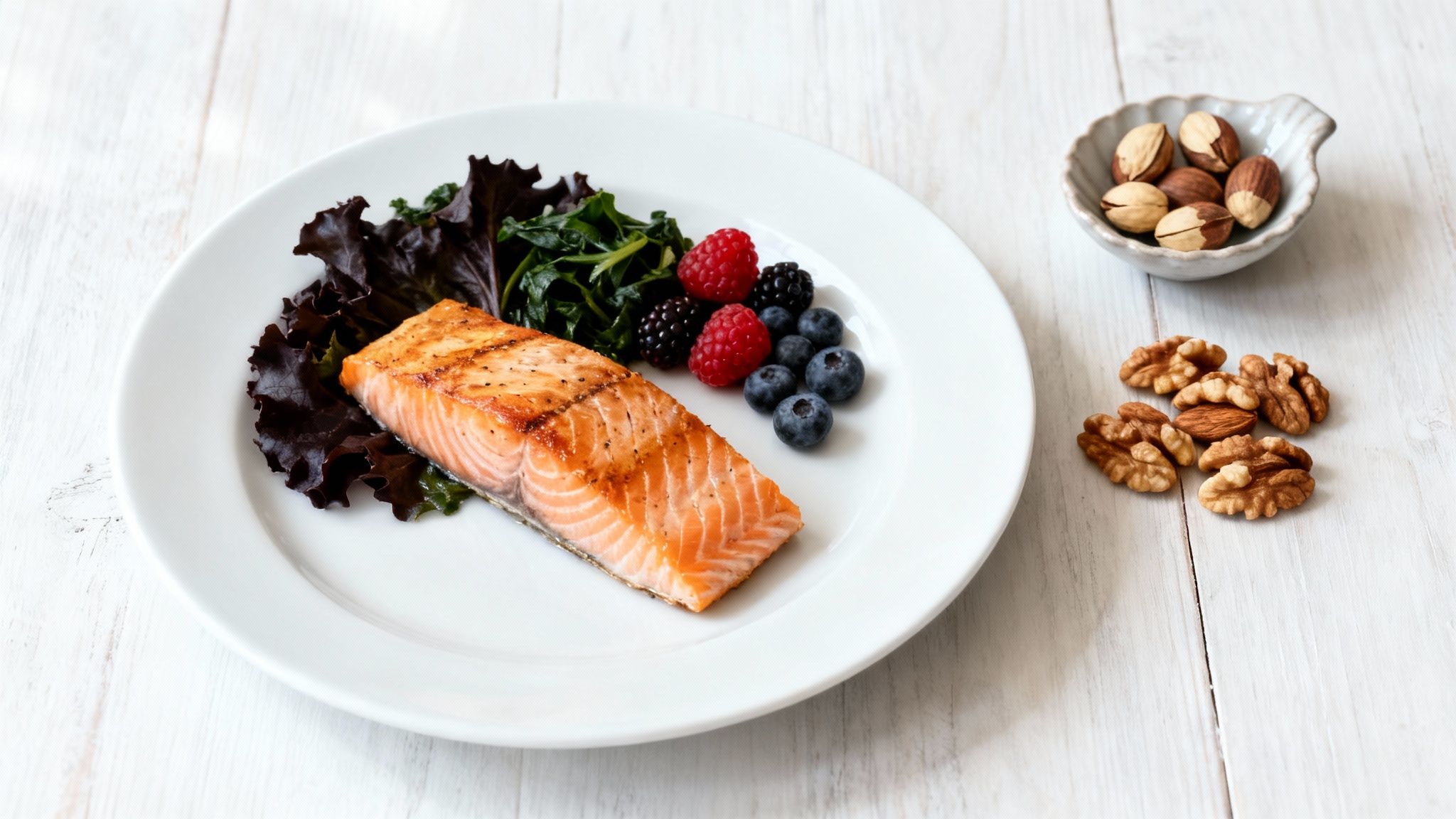 Eine Schüssel voller bunter, gesunder Lebensmittel wie Beeren, Nüsse und Gemüse, die Nährstoffe für gesundes Altern symbolisiert.