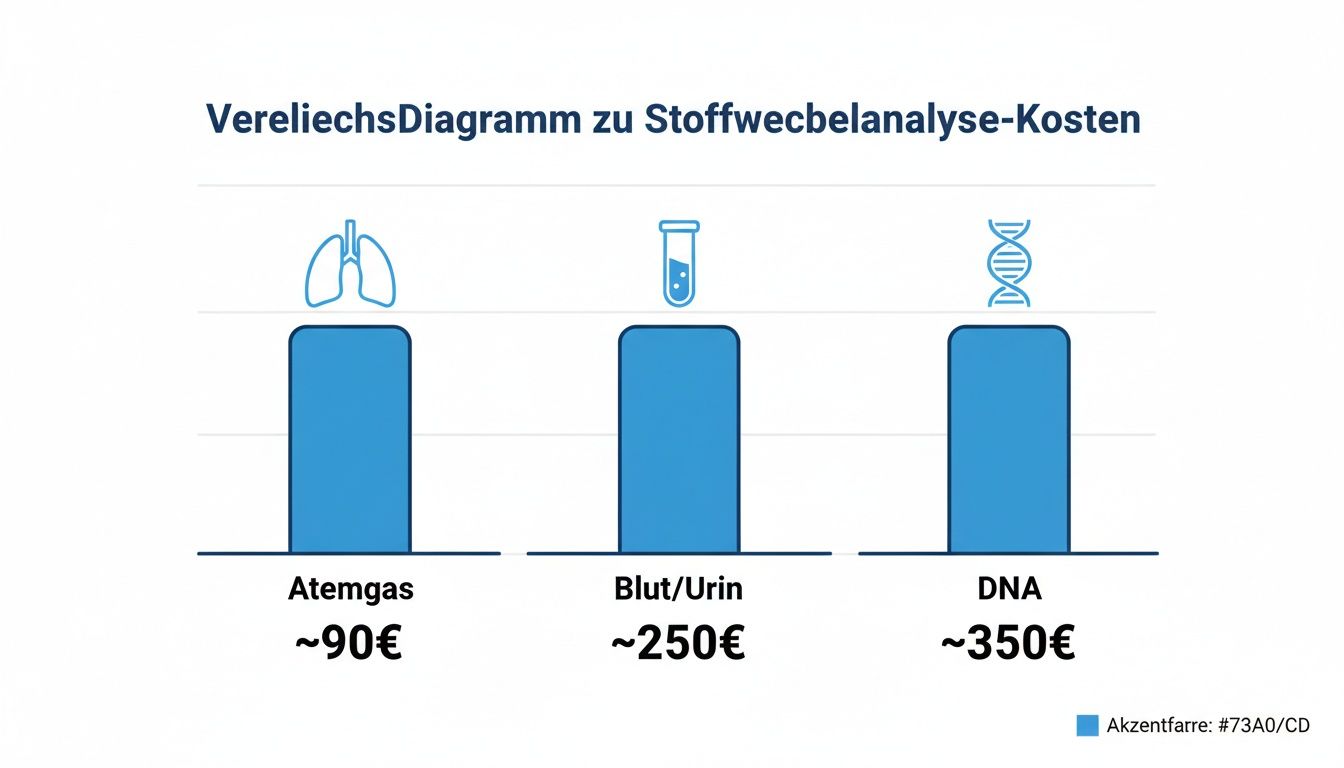 Vergleichsdiagramm der Kosten für Stoffwechselanalysen mittels Atemgas, Blut/Urin und DNA, mit ungefähren Preisen.