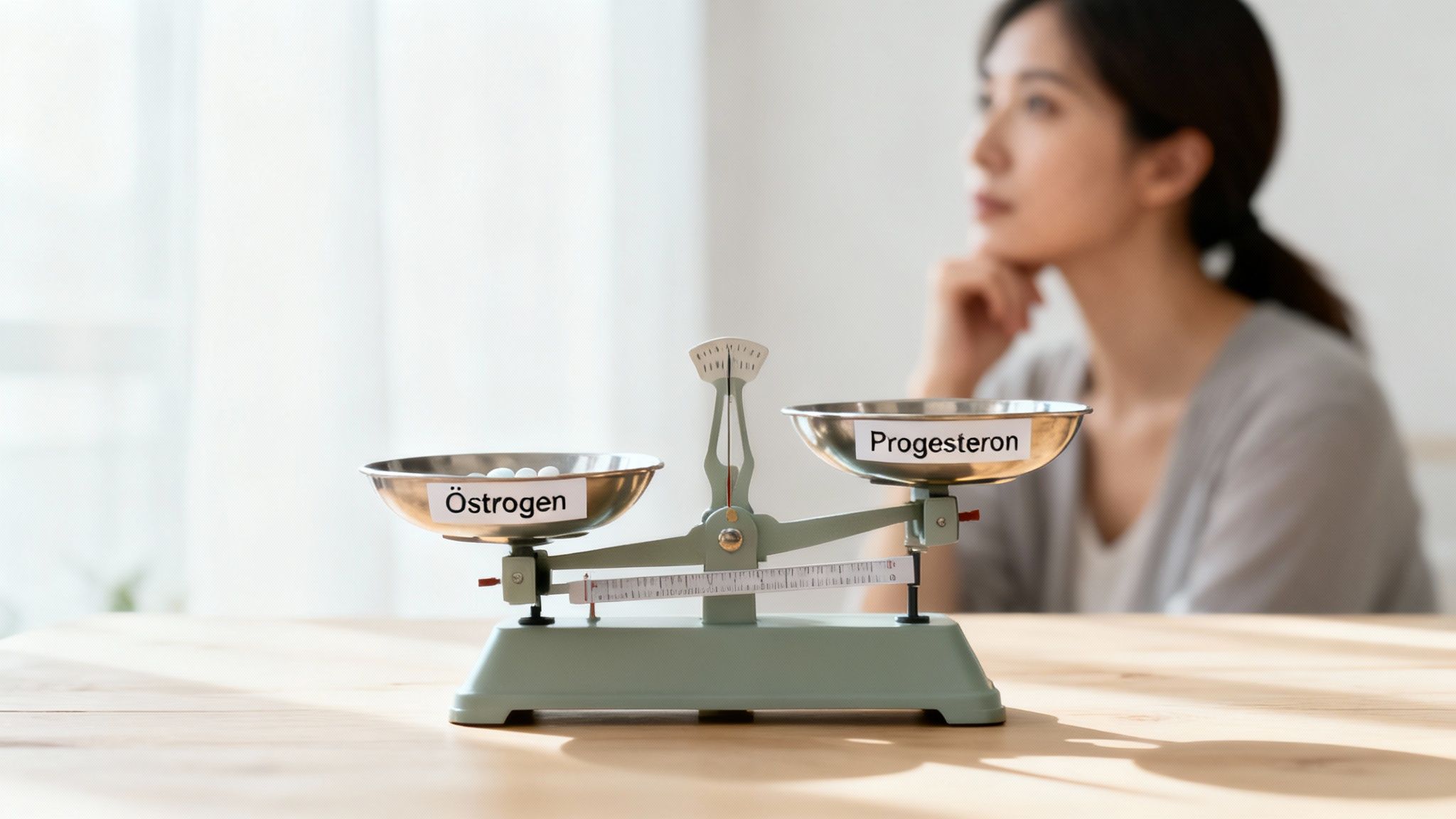 Eine Waage zeigt ein Ungleichgewicht zwischen Östrogen und Progesteron, mit einer nachdenklichen Frau im Hintergrund.