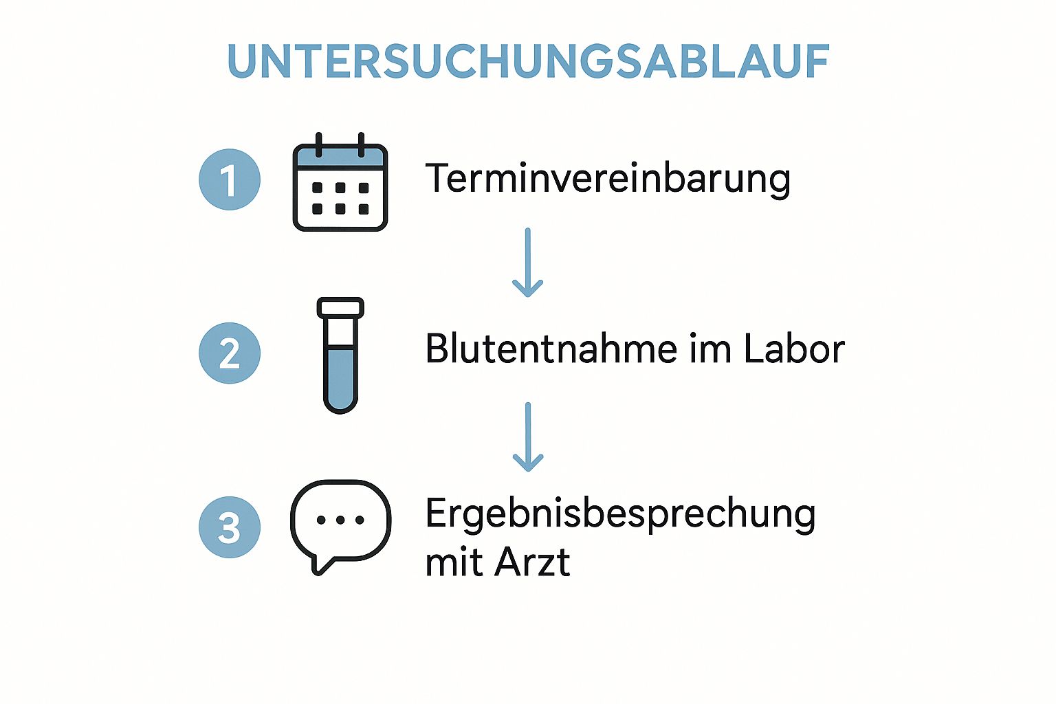 Infografik, die den Prozess einer Blutuntersuchung in drei Schritten darstellt: Terminvereinbarung, Blutentnahme im Labor und Ergebnisbesprechung mit dem Arzt.