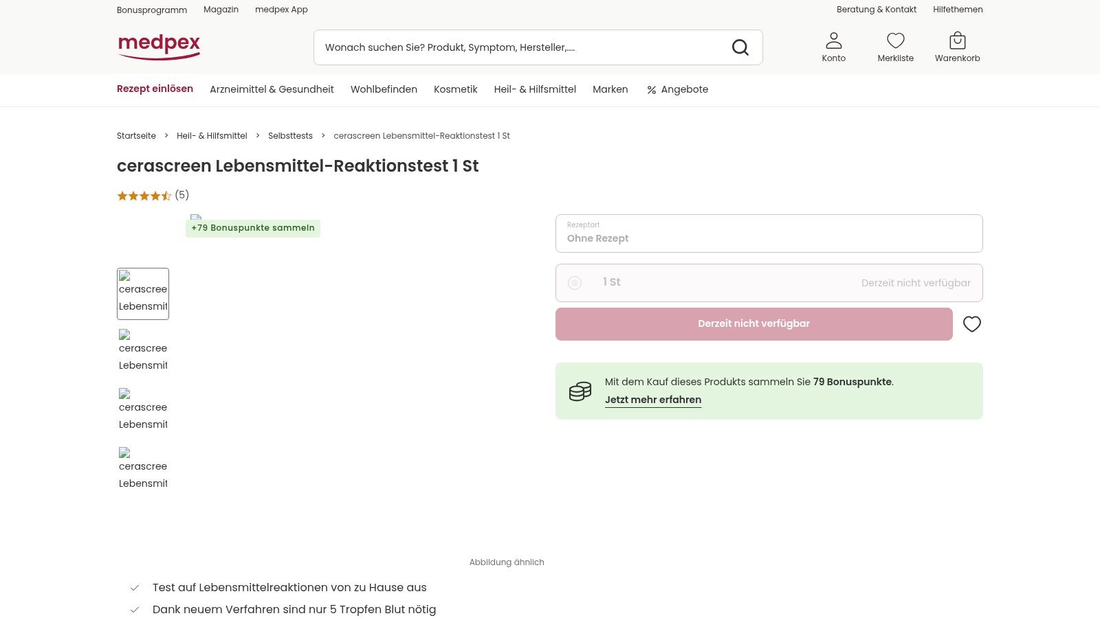 Medpex Website mit Selbsttests