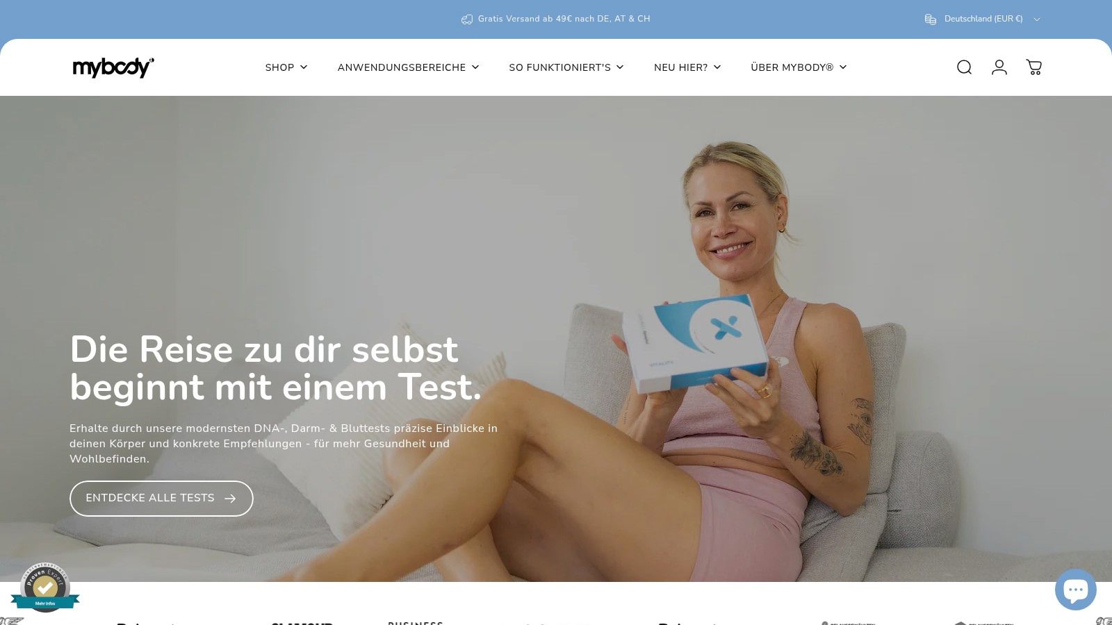 A DNA test kit from MYBODY Lab GmbH, consisting of a box, instructions and sample tubes.