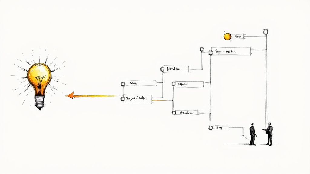A lightbulb illuminates an idea, leading to a multi-stage product development flowchart with text labels and observing figures.
