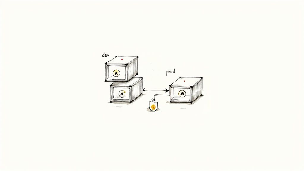 Hand-drawn diagram of dev and prod containers connected by a security shield, illustrating a deployment flow.