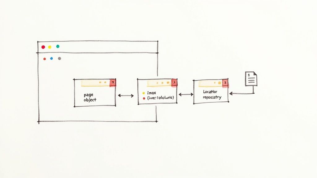 Diagram showing a web automation architecture with page objects, element locators, and a locator repository.