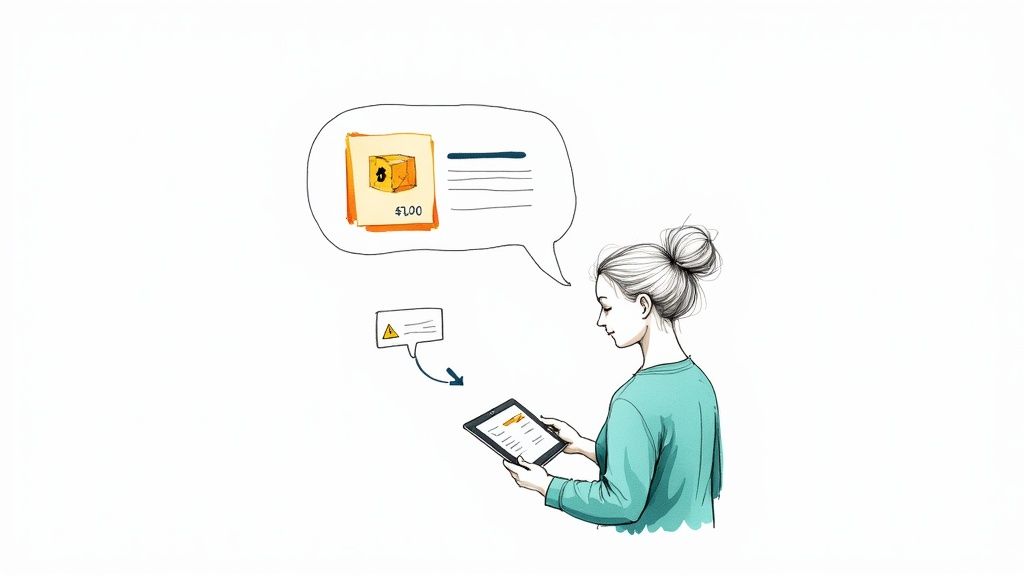 A woman uses a tablet, viewing product information and receiving a warning notification.