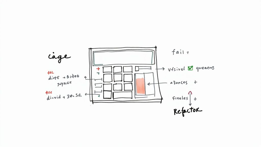 A hand drawn calculator sketch with various design annotations and handwritten labels, illustrating a concept.
