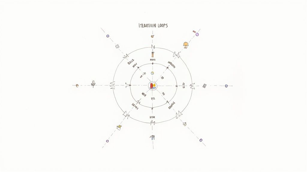 A hand-drawn circular diagram illustrating 'Iteration Loops' with various product development stages.
