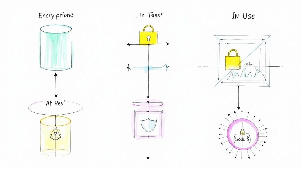 Diagram illustrating data encryption states: at rest, in transit, and in use for robust data protection.