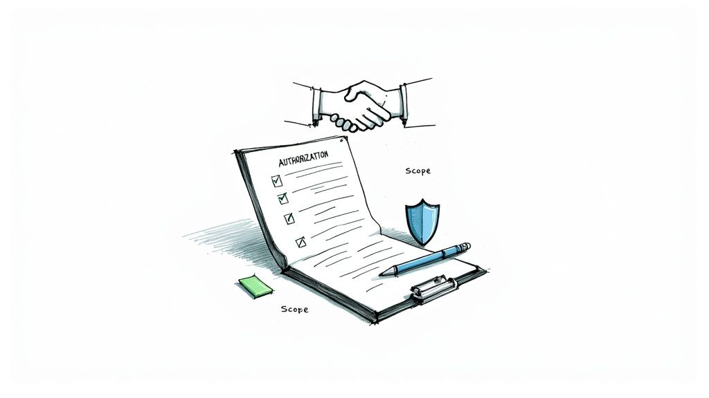 Illustration of an authorization document, handshake, pen, and security shield, symbolizing agreement and scope.
