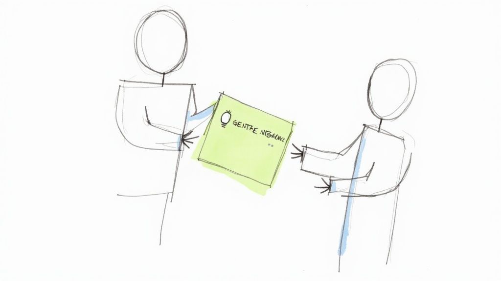 Two stick figures sharing and collaborating on a document labeled with lightbulb and gentle nerding