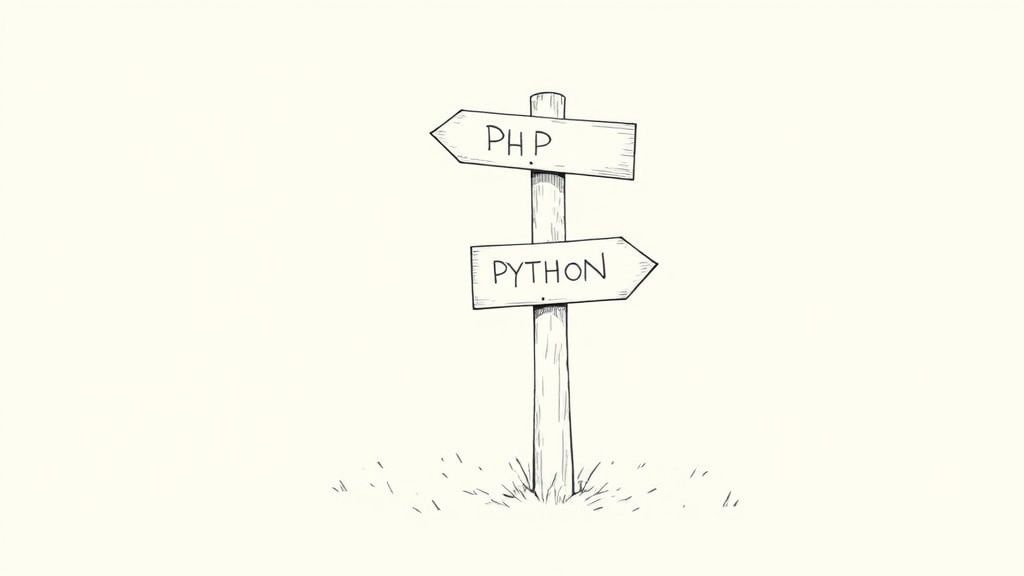 Two diverging paths representing the choice between PHP and Python