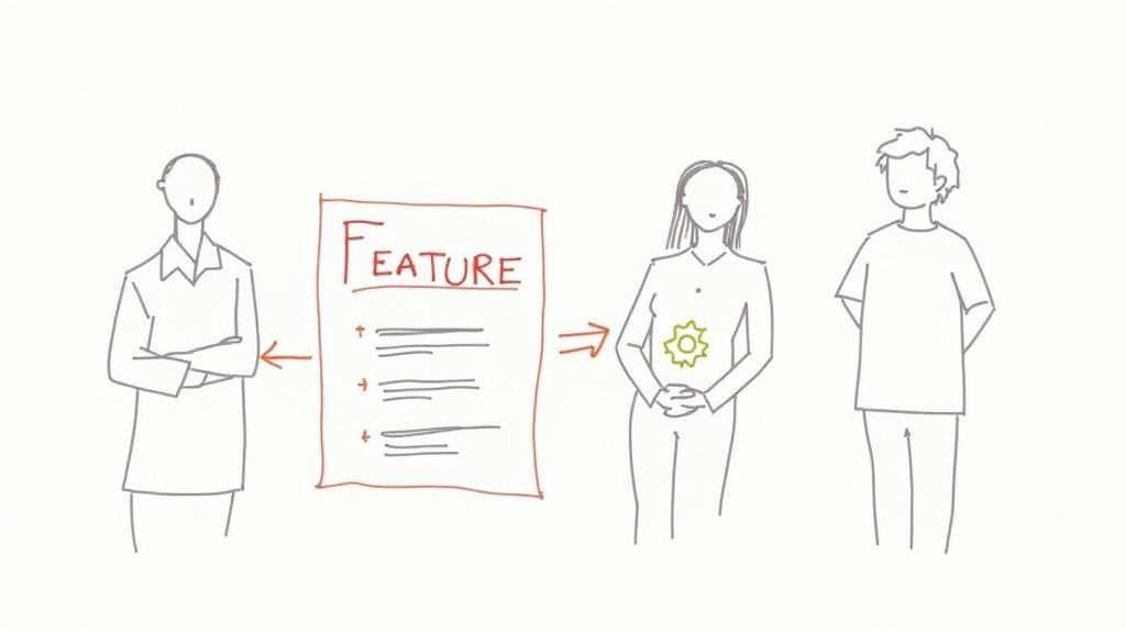 Illustrative diagram showing a feature development process from definition to user experience, with three figures.