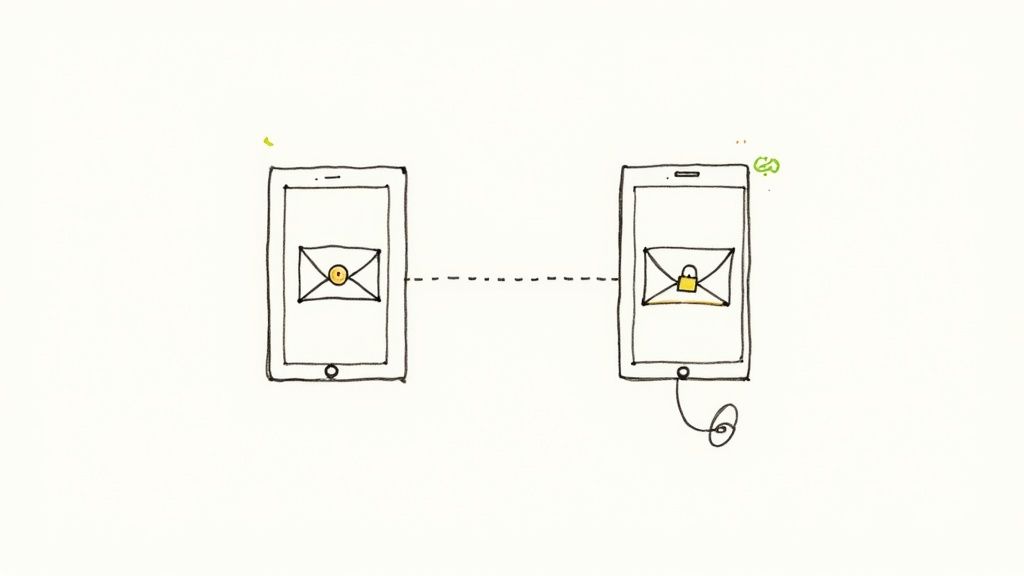 Illustration of data encryption between two phones: an open message on the left, a locked message on the right.