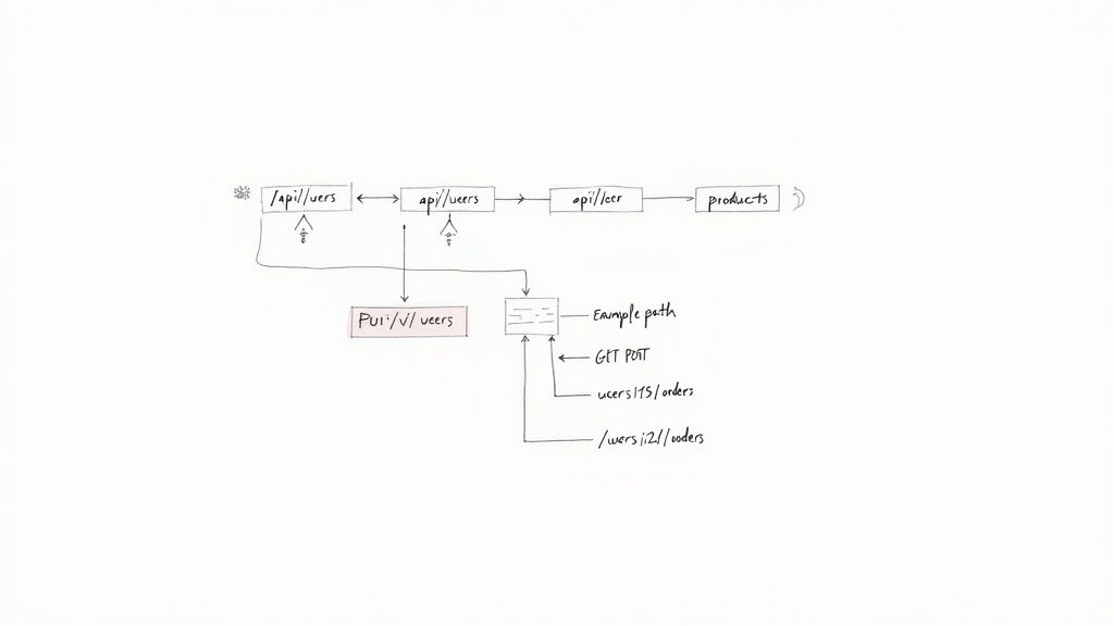 An image showing a developer looking confused at a messy flowchart of API endpoints with tangled arrows, contrasted with a clean, linear flowchart representing intuitive design.