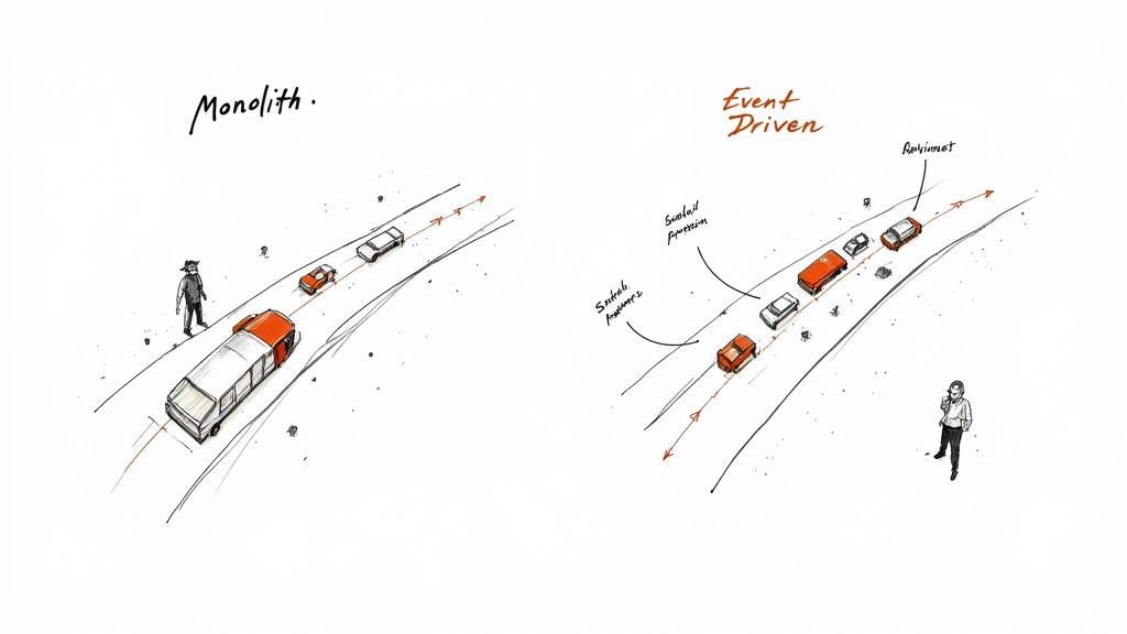 Illustration comparing monolithic and event-driven architecture using cars on a road: a long coupled vehicle versus multiple independent cars.