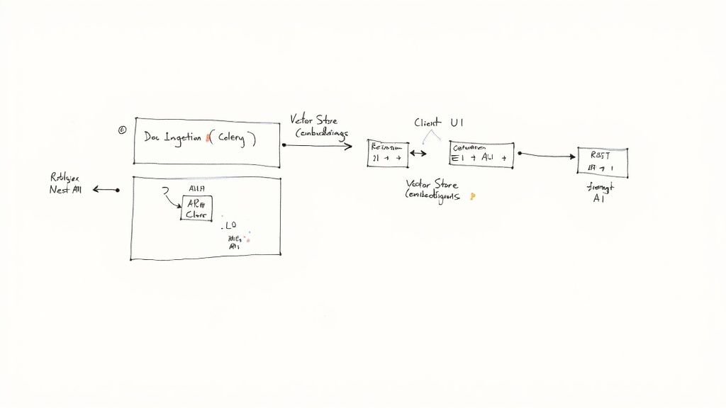 Technical diagram illustrating a data ingestion and AI processing pipeline with vector stores and client interfaces.