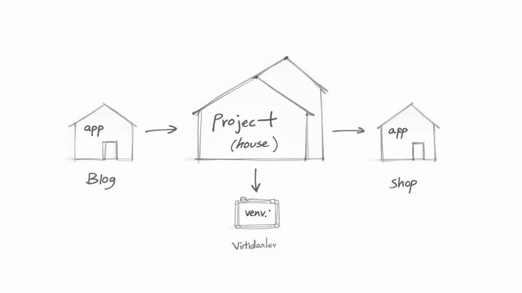 A developer looking at a screen with newly generated Django application files, looking slightly overwhelmed but curious.