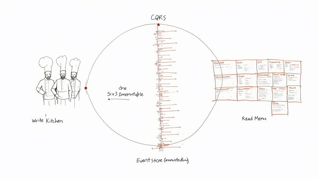 A diagram illustrating CQRS architecture with a write kitchen, immutable event store, and read menu.