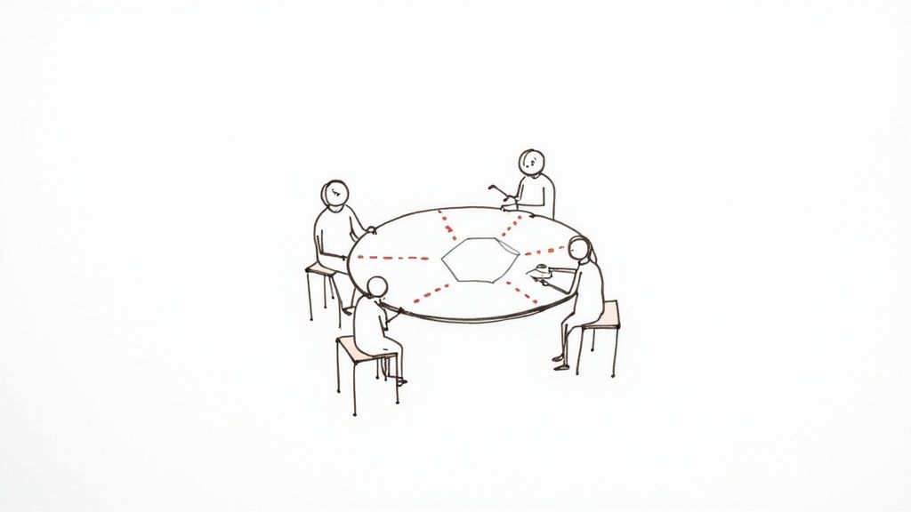 A stick figure drawing of four people around a round table with a hexagonal center, representing a collaborative planning meeting.
