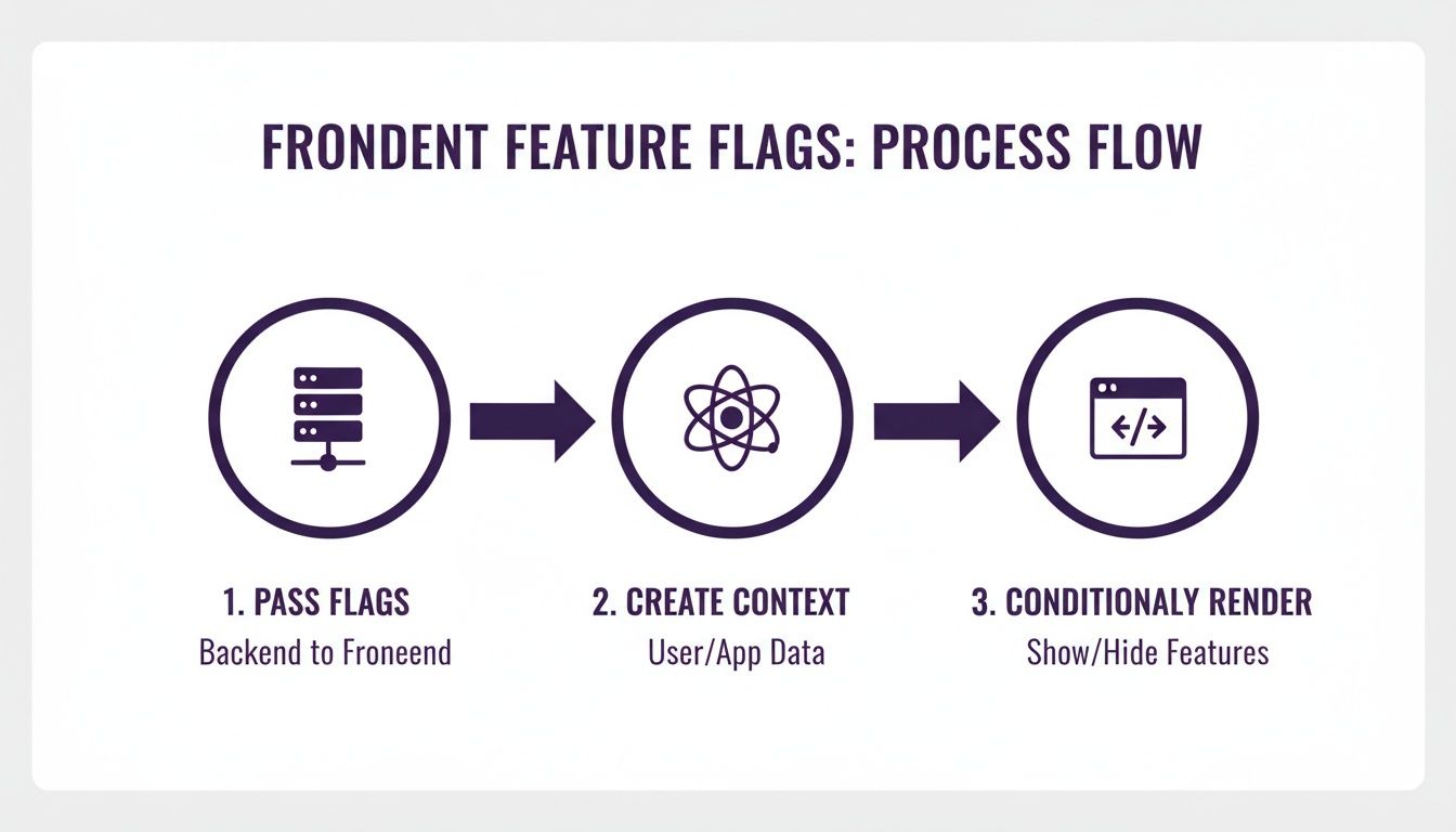 A three-step process flow diagram for frontend feature flags, showing passing flags from backend, creating context, and conditional rendering.