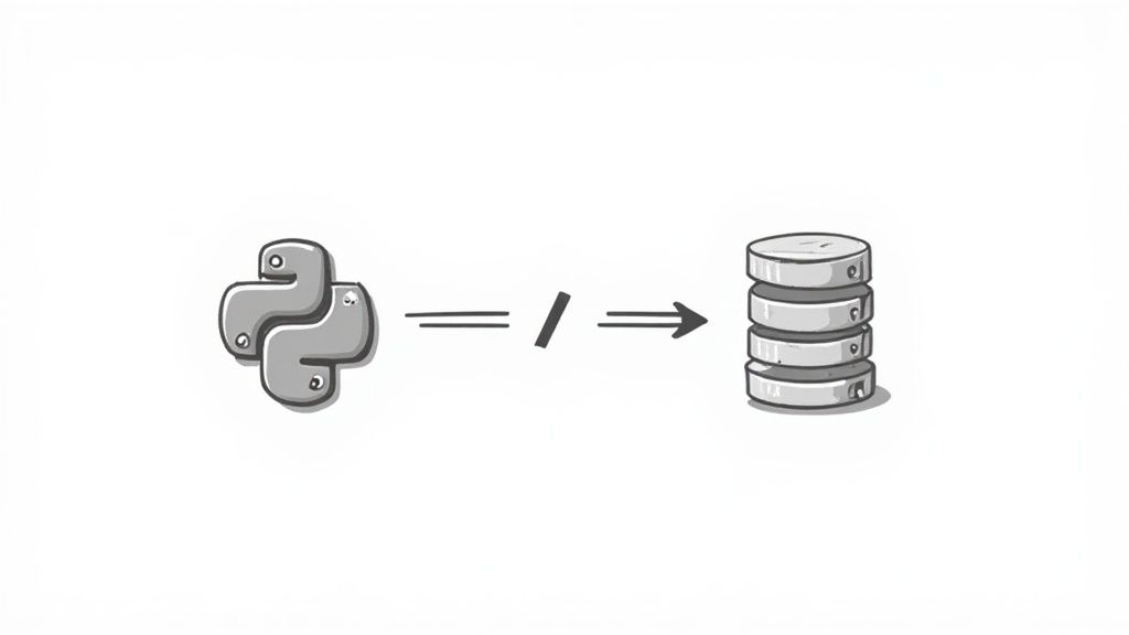 A code editor showing Python Django code next to a database icon, symbolizing the ORM's role.