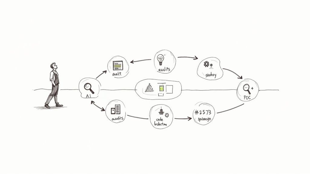 A person at a desk with a roadmap and blueprints, illustrating strategic planning and tangible deliverables.